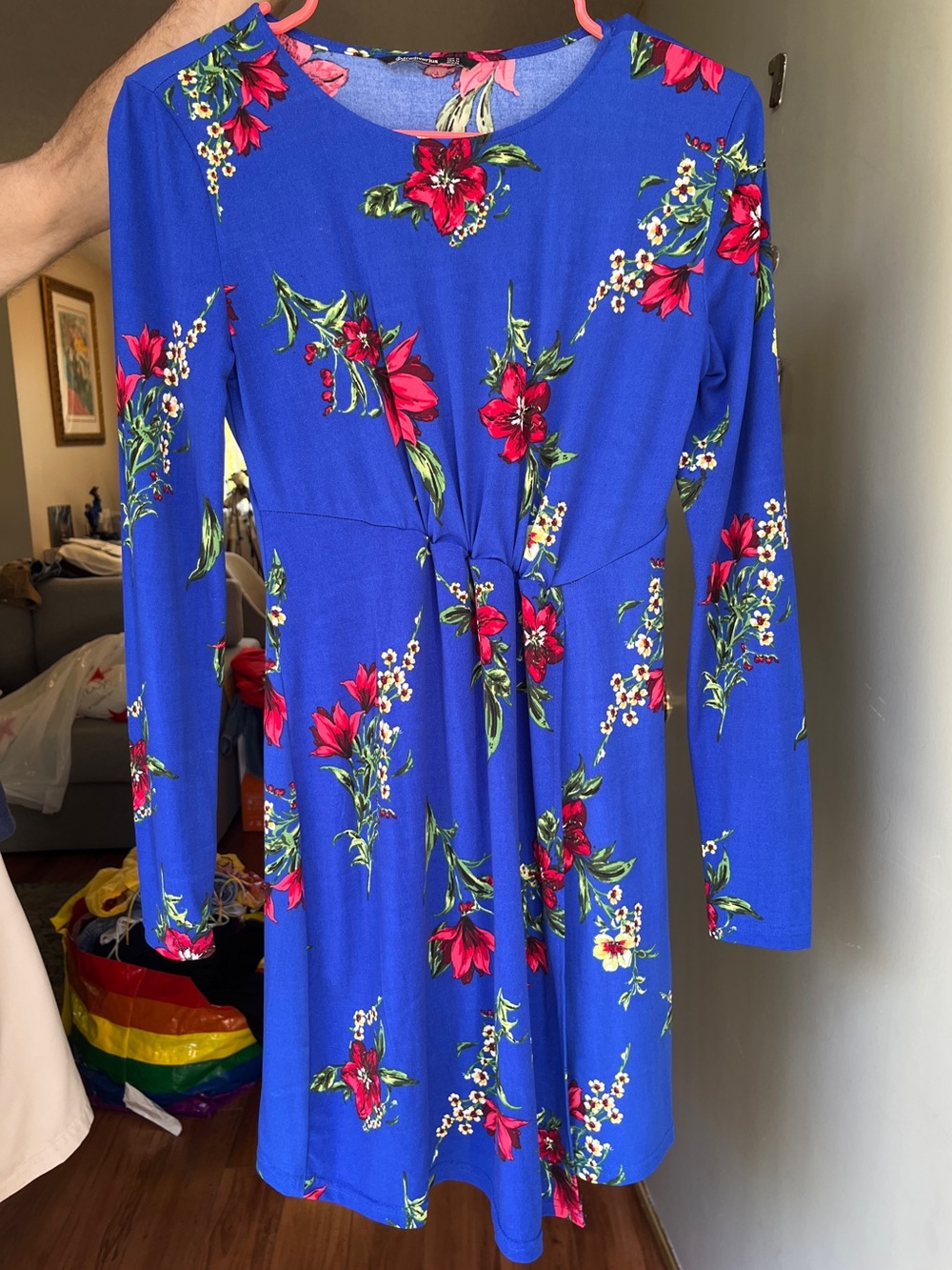 Stradivarius Blue Long Sleeve Floral Dress with Red and White Flowers
